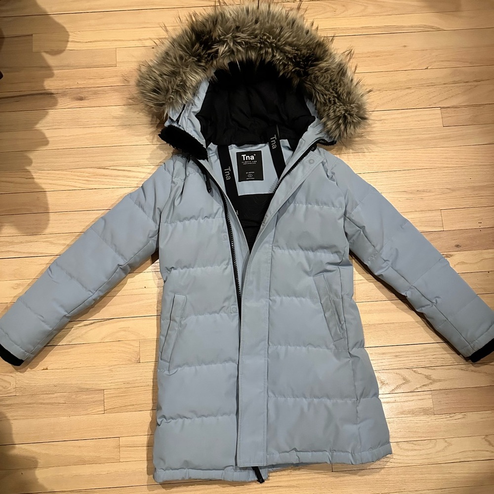 Aritzia Tna St. Anton Blue Puffer Coat with Faux Fur Hood Priya Mid Length Parka